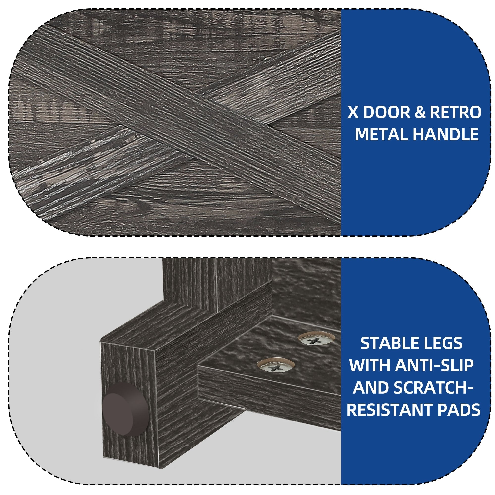 Meuble TV style farmhouse pour téléviseur jusqu'à 65 pouces avec portes et étagères ouvertes, console multimédia et prise de courant.