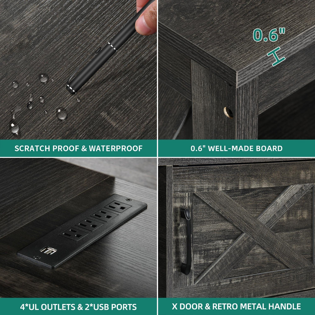 Meuble TV style farmhouse pour téléviseur jusqu'à 65 pouces avec portes et étagères ouvertes, console multimédia et prise de courant.