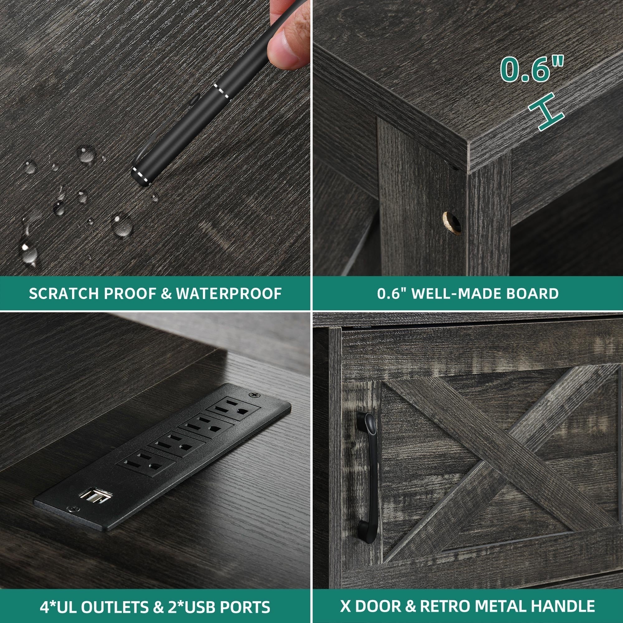 Meuble TV style farmhouse pour téléviseur jusqu'à 65 pouces avec portes et étagères ouvertes, console multimédia et prise de courant.