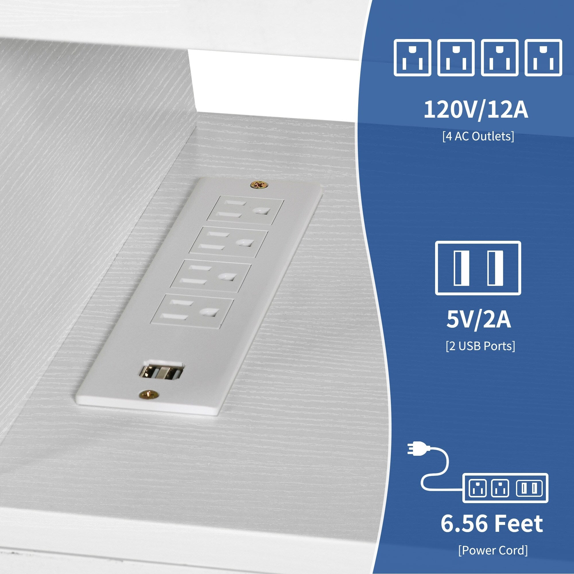 Meuble TV style farmhouse pour téléviseur jusqu'à 65 pouces avec portes et étagères ouvertes, console multimédia et prise de courant.