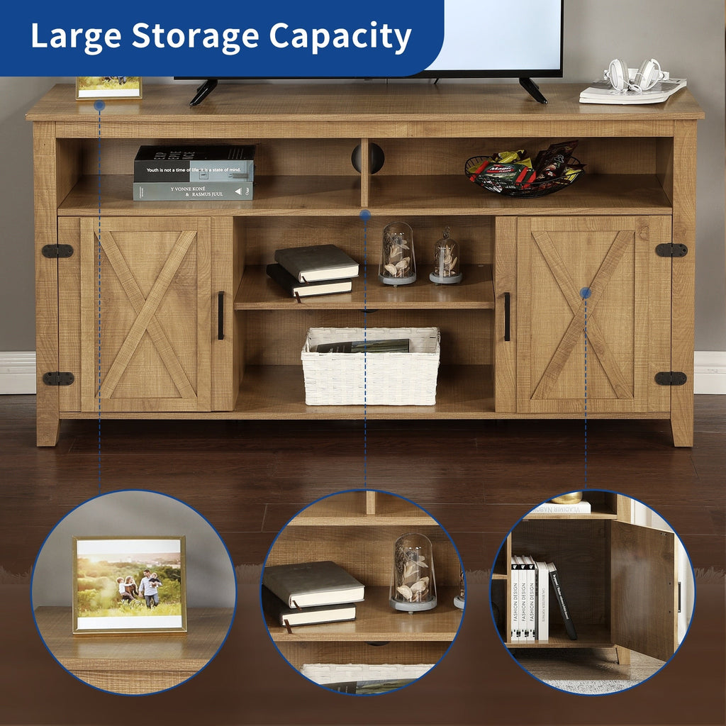 Meuble TV style farmhouse pour téléviseur jusqu'à 65 pouces avec portes et étagères ouvertes, console multimédia et prise de courant.