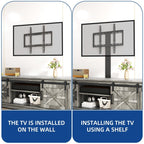 Meuble TV style farmhouse pour téléviseur jusqu'à 65 pouces avec portes et étagères ouvertes, console multimédia et prise de courant.