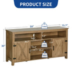 Meuble TV style farmhouse pour téléviseur jusqu'à 65 pouces avec portes et étagères ouvertes, console multimédia et prise de courant.