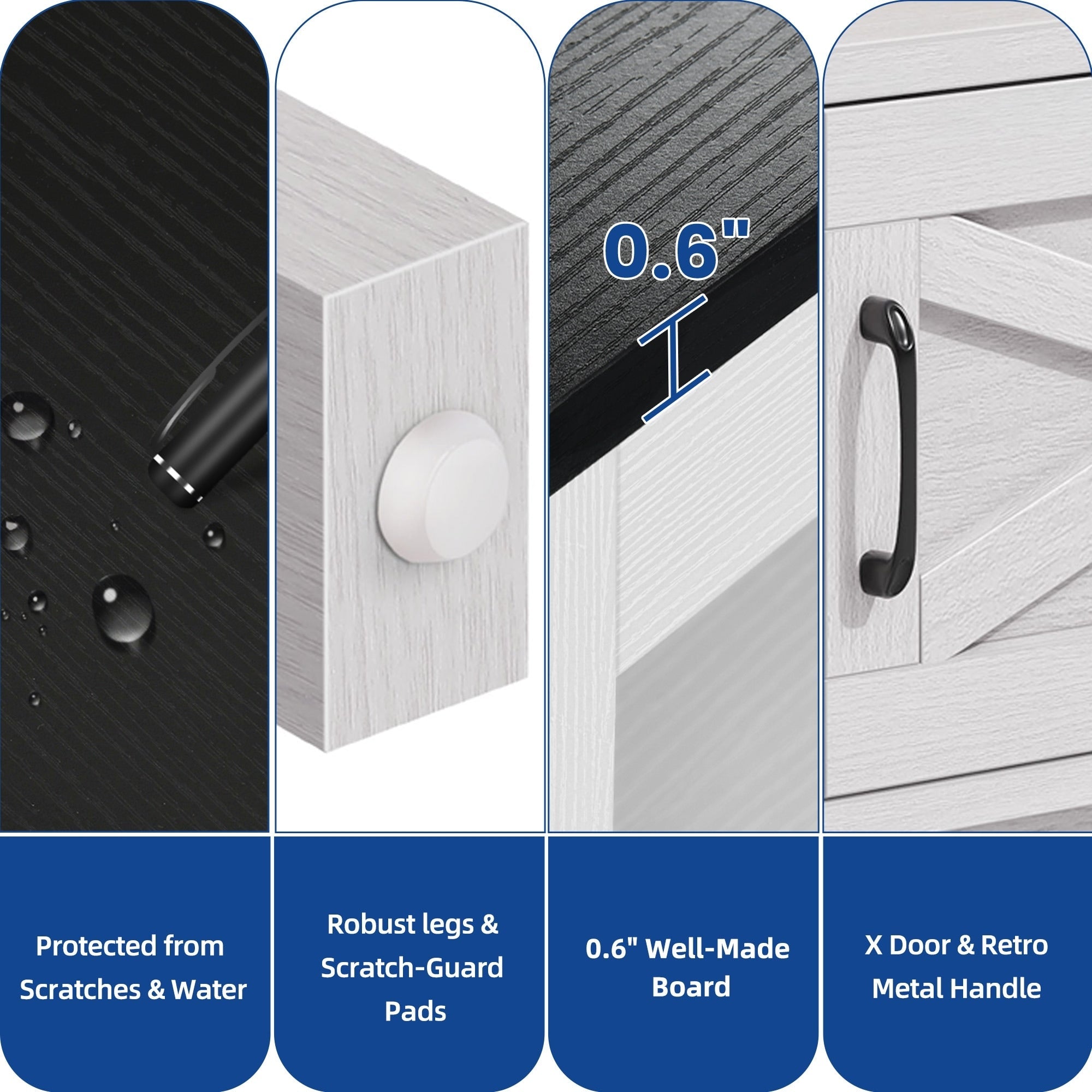 Meuble TV style farmhouse pour téléviseur jusqu'à 65 pouces avec portes et étagères ouvertes, console multimédia et prise de courant.