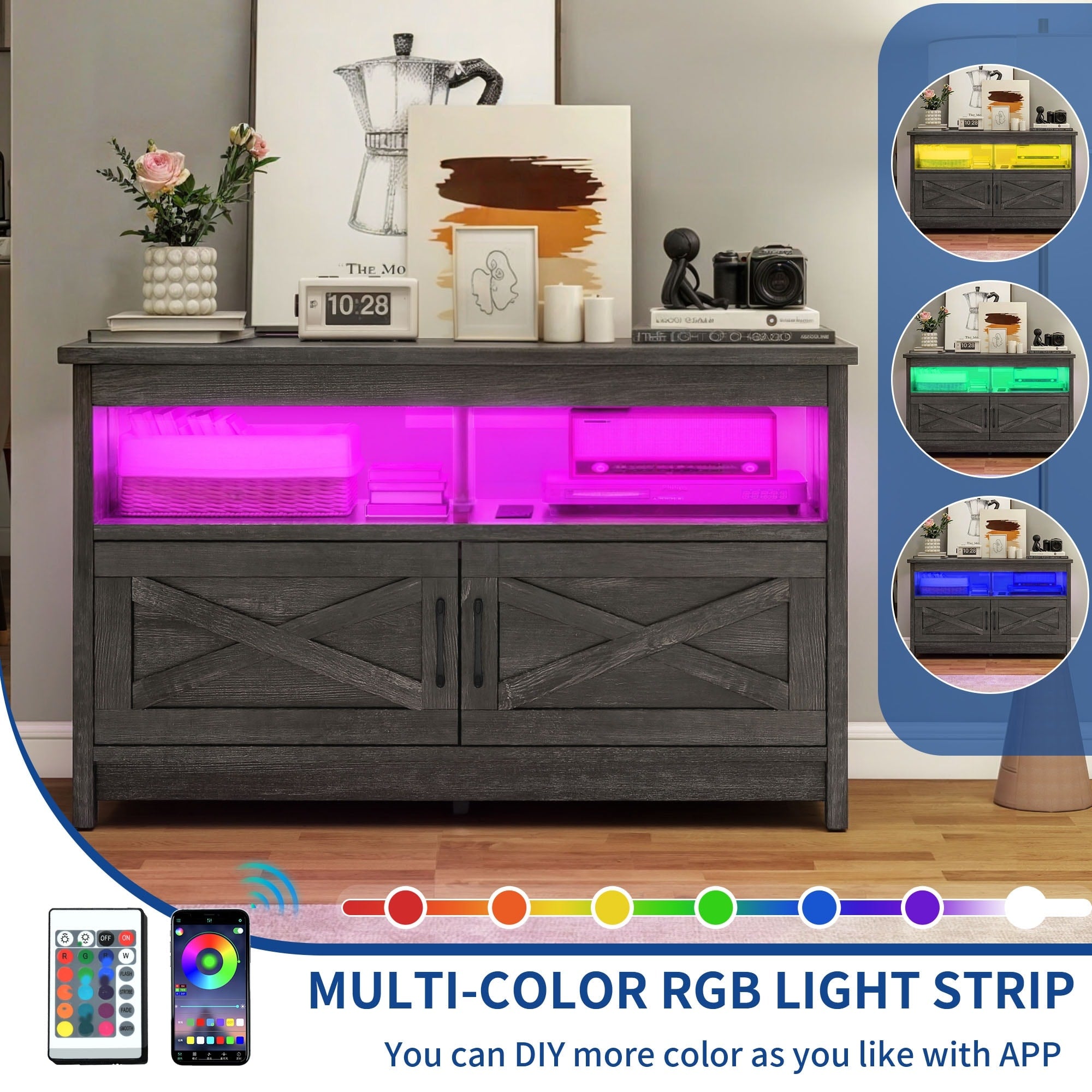 Meuble TV style farmhouse pour téléviseur jusqu'à 65 pouces avec portes et étagères ouvertes, console multimédia et prise de courant.