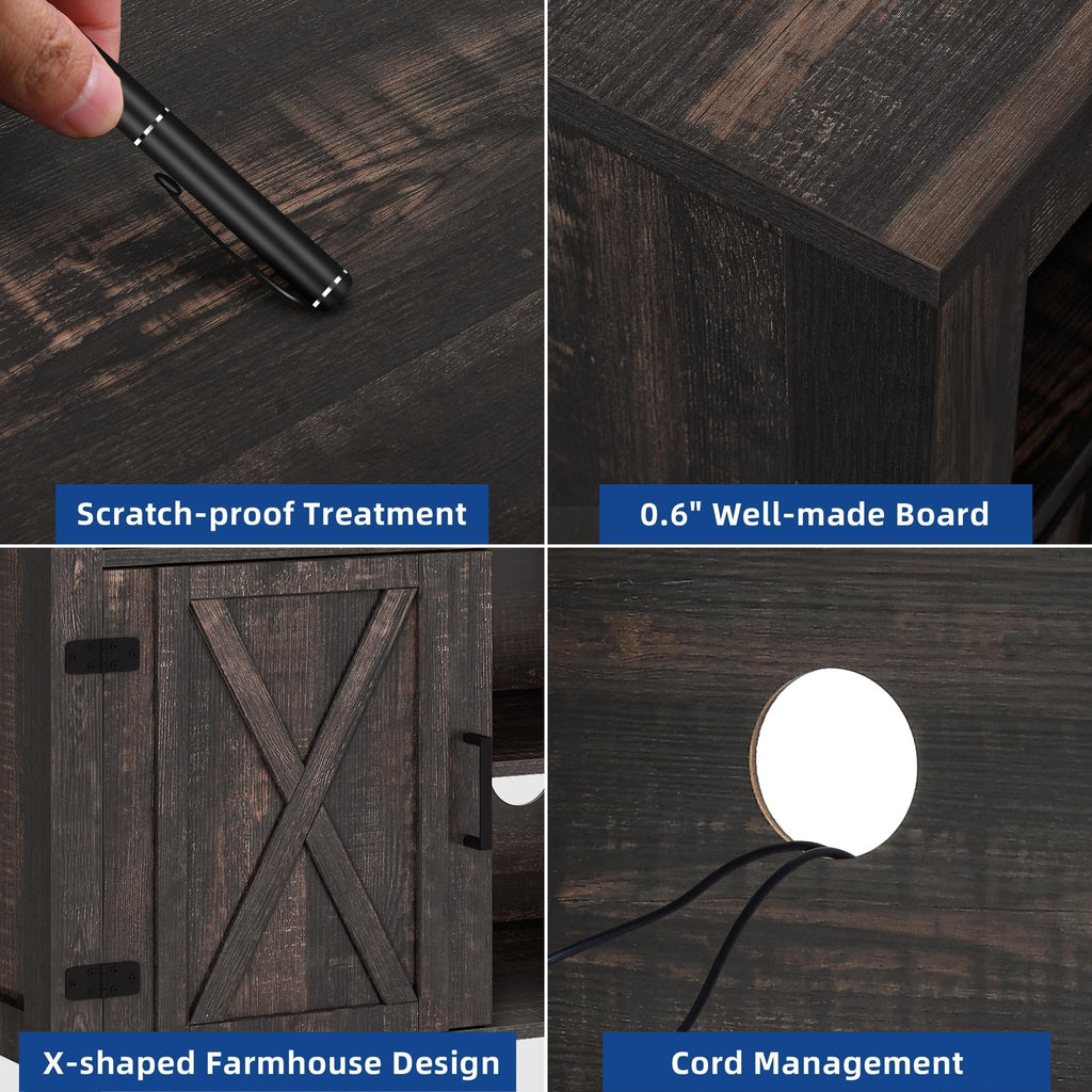 Meuble TV style farmhouse pour téléviseur jusqu'à 65 pouces avec portes et étagères ouvertes, console multimédia et prise de courant.