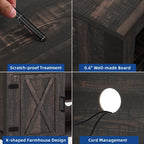 Meuble TV style farmhouse pour téléviseur jusqu'à 65 pouces avec portes et étagères ouvertes, console multimédia et prise de courant.