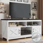 Meuble TV style farmhouse pour téléviseur jusqu'à 65 pouces avec portes et étagères ouvertes, console multimédia et prise de courant.