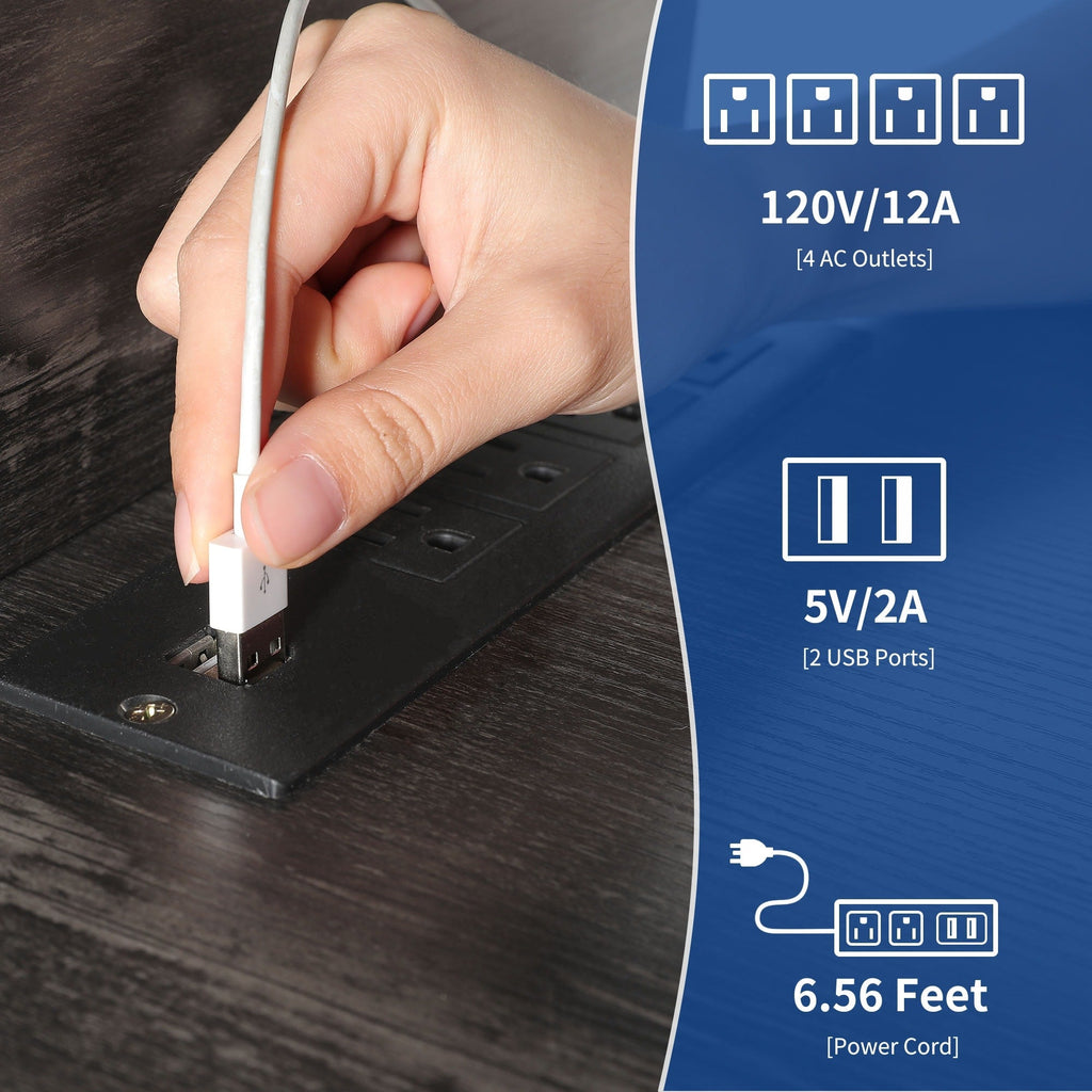 Meuble TV style farmhouse pour téléviseur jusqu'à 65 pouces avec portes et étagères ouvertes, console multimédia et prise de courant.