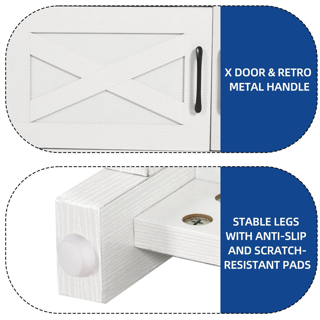 Meuble TV style farmhouse pour téléviseur jusqu'à 65 pouces avec portes et étagères ouvertes, console multimédia et prise de courant.