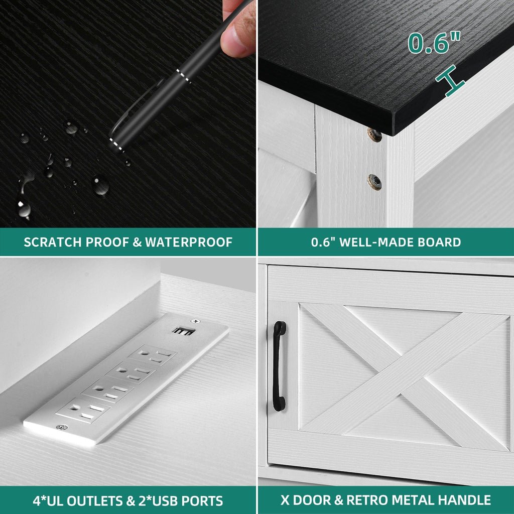 Meuble TV style farmhouse pour téléviseur jusqu'à 65 pouces avec portes et étagères ouvertes, console multimédia et prise de courant.