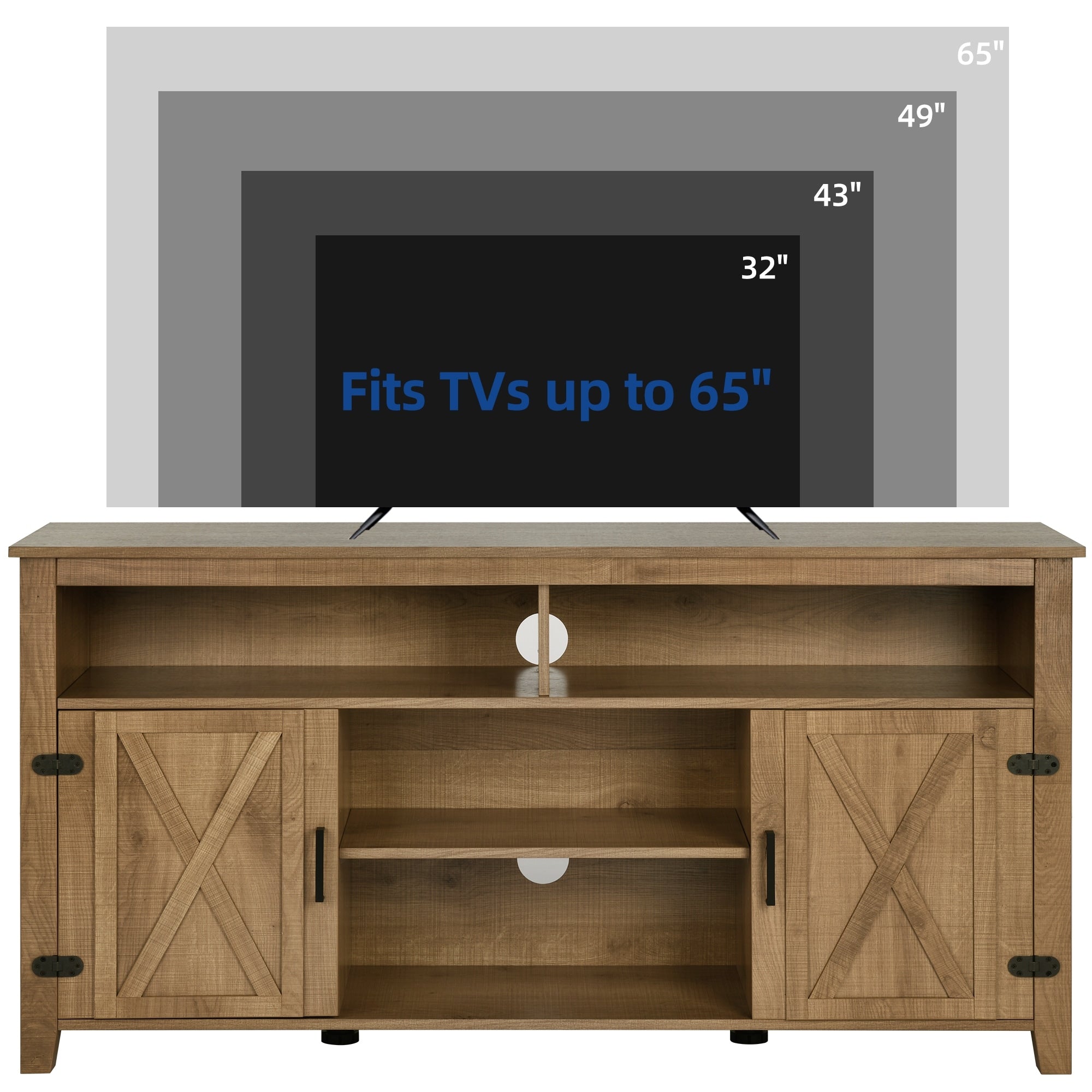 Meuble TV style farmhouse pour téléviseur jusqu'à 65 pouces avec portes et étagères ouvertes, console multimédia et prise de courant.