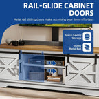 Meuble TV style farmhouse pour téléviseur jusqu'à 65 pouces avec portes et étagères ouvertes, console multimédia et prise de courant.