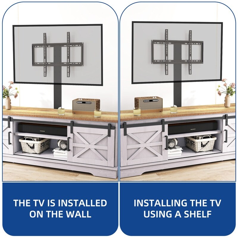 Meuble TV style farmhouse pour téléviseur jusqu'à 65 pouces avec portes et étagères ouvertes, console multimédia et prise de courant.
