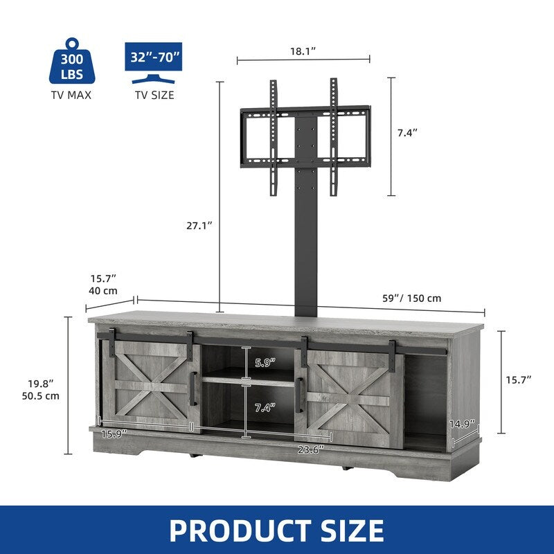 Meuble TV style farmhouse pour téléviseur jusqu'à 65 pouces avec portes et étagères ouvertes, console multimédia et prise de courant.