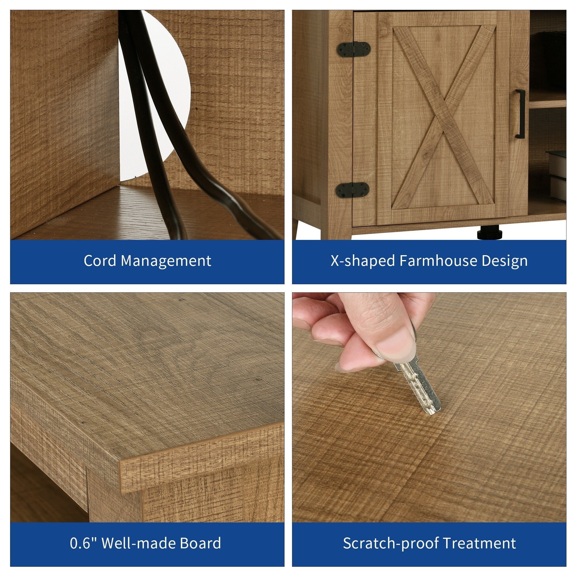 Meuble TV style farmhouse pour téléviseur jusqu'à 65 pouces avec portes et étagères ouvertes, console multimédia et prise de courant.