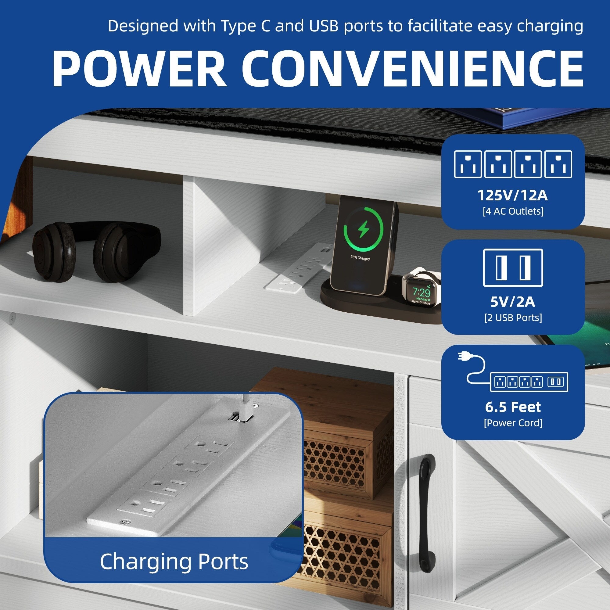 Meuble TV style farmhouse pour téléviseur jusqu'à 65 pouces avec portes et étagères ouvertes, console multimédia et prise de courant.