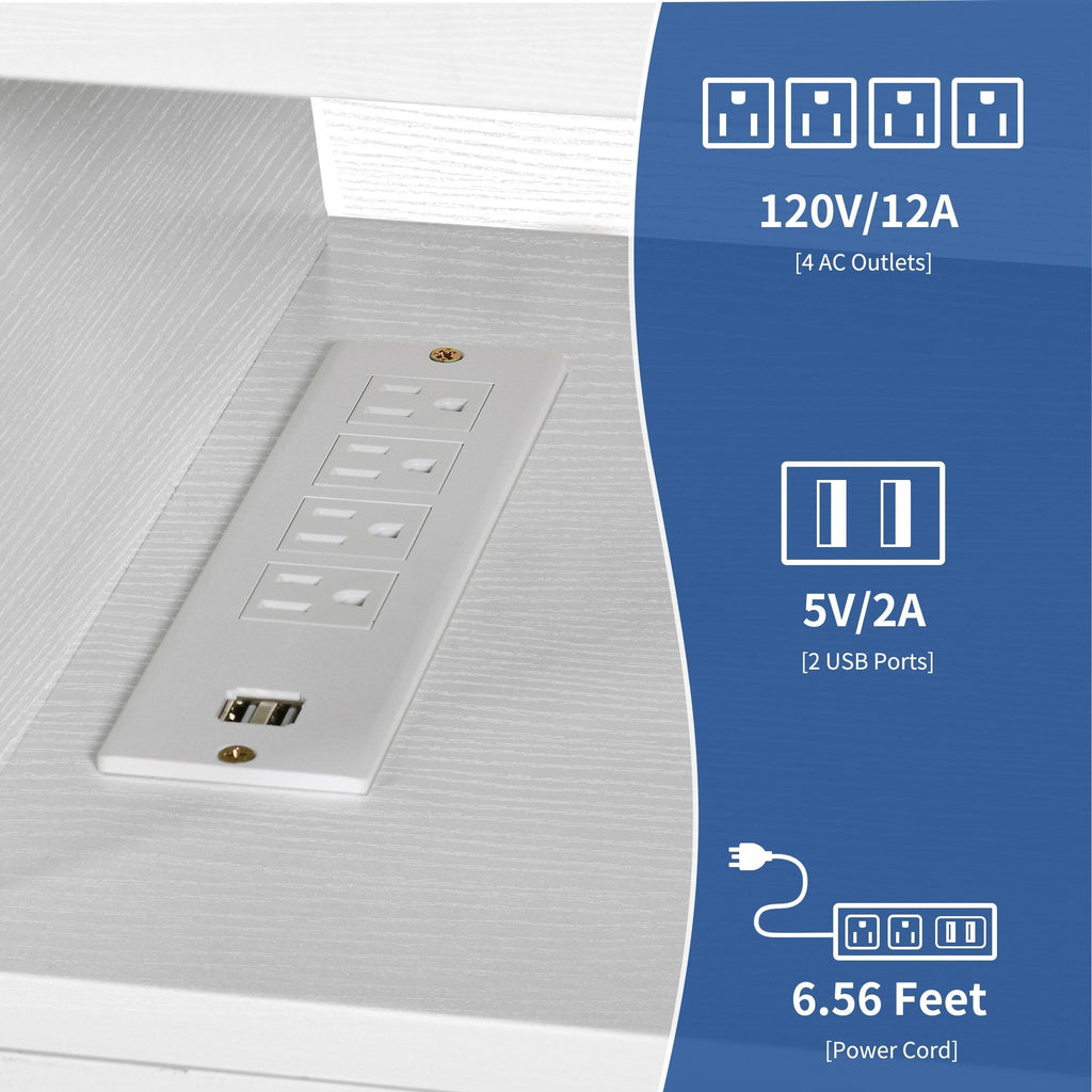 Meuble TV style farmhouse pour téléviseur jusqu'à 65 pouces avec portes et étagères ouvertes, console multimédia et prise de courant.