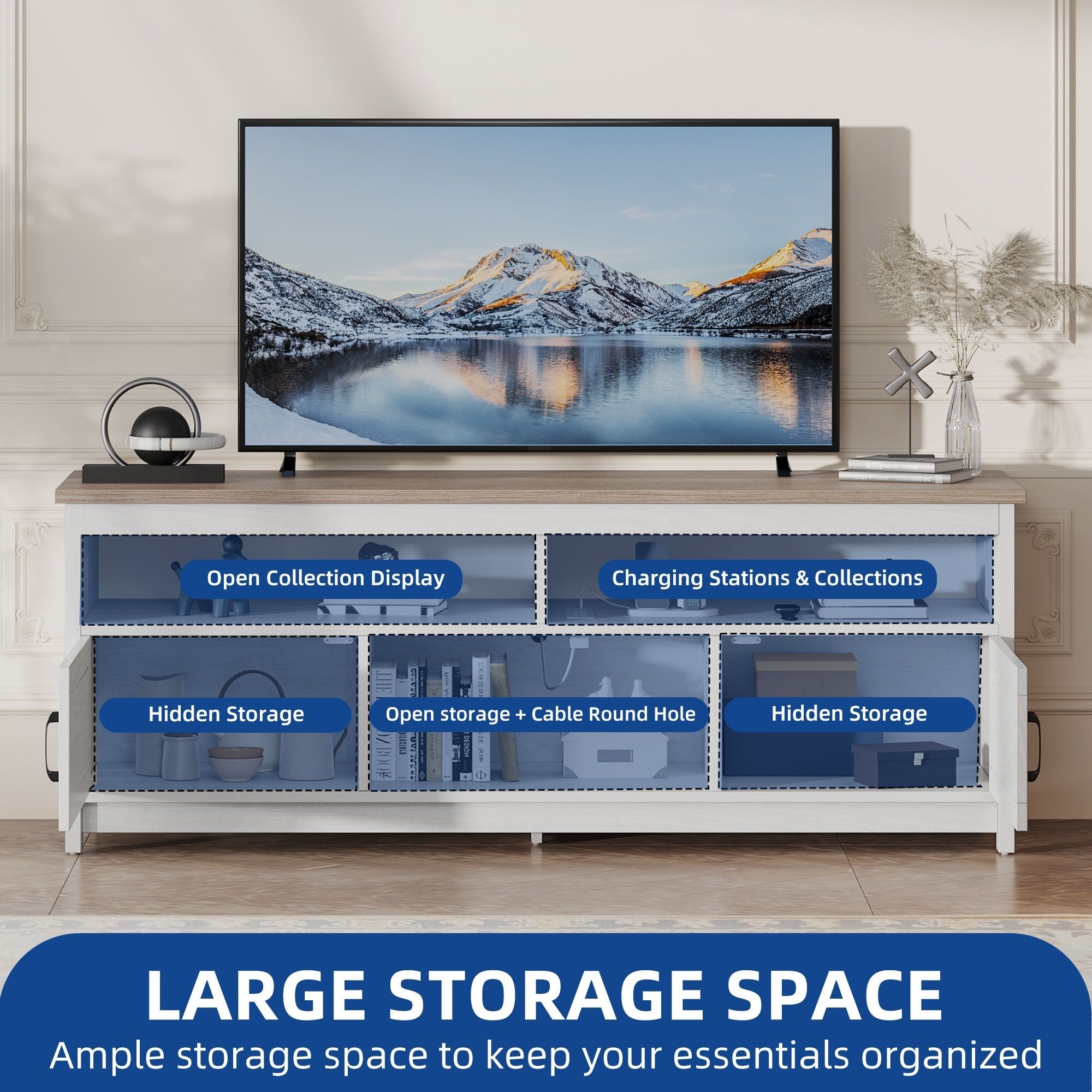 Meuble TV style farmhouse pour téléviseur jusqu'à 65 pouces avec portes et étagères ouvertes, console multimédia et prise de courant.