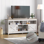 Meuble TV style farmhouse pour téléviseur jusqu'à 65 pouces avec portes et étagères ouvertes, console multimédia et prise de courant.