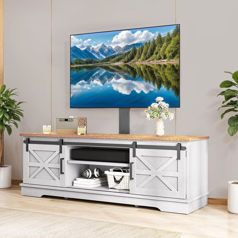 Meuble TV style farmhouse pour téléviseur jusqu'à 65 pouces avec portes et étagères ouvertes, console multimédia et prise de courant.