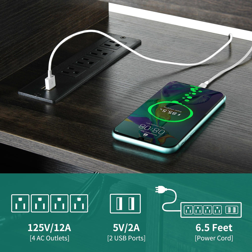 Meuble TV style farmhouse pour téléviseur jusqu'à 65 pouces avec portes et étagères ouvertes, console multimédia et prise de courant.