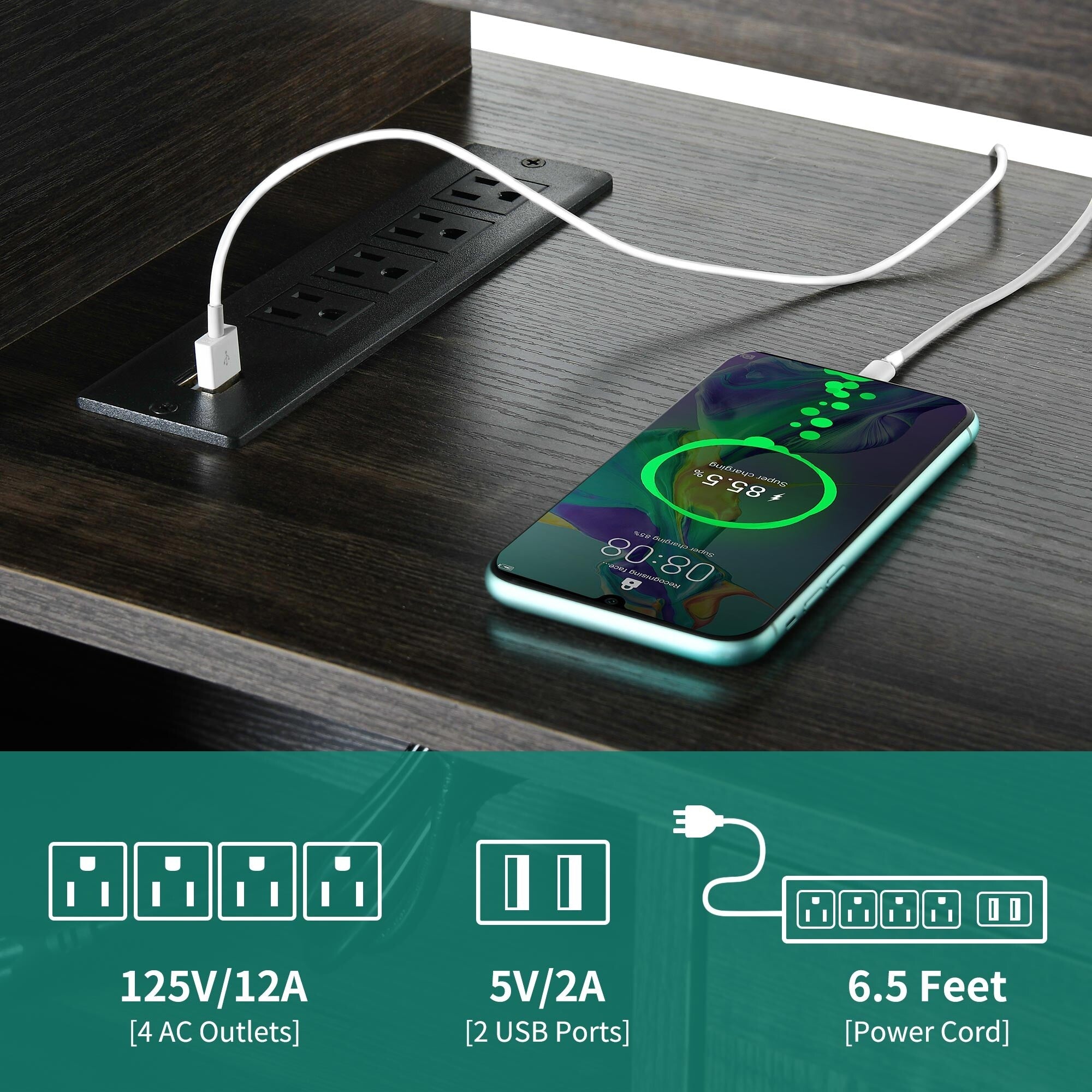 Meuble TV style farmhouse pour téléviseur jusqu'à 65 pouces avec portes et étagères ouvertes, console multimédia et prise de courant.