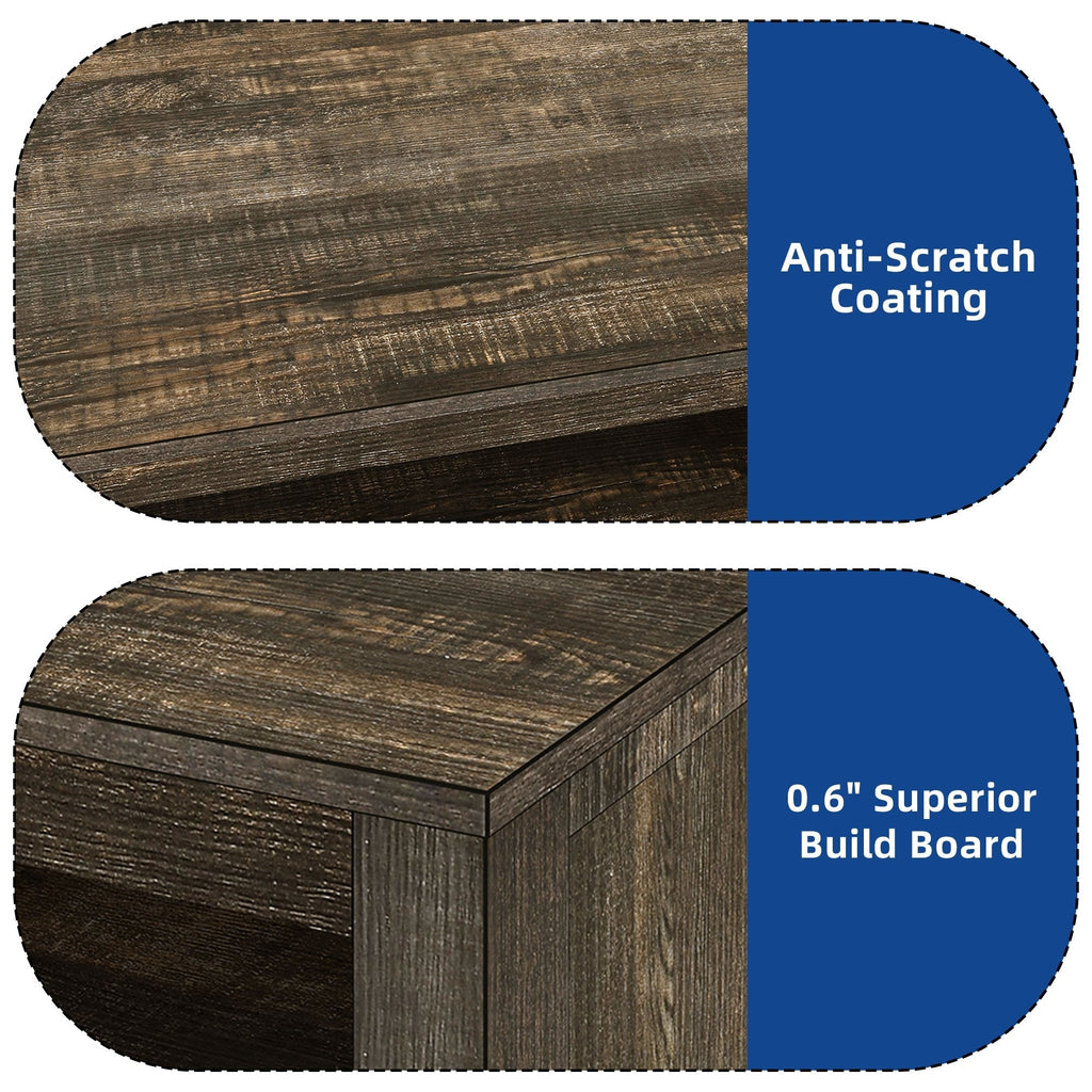 Meuble TV style farmhouse pour téléviseur jusqu'à 65 pouces avec portes et étagères ouvertes, console multimédia et prise de courant.