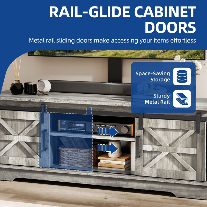 Meuble TV style farmhouse pour téléviseur jusqu'à 65 pouces avec portes et étagères ouvertes, console multimédia et prise de courant.