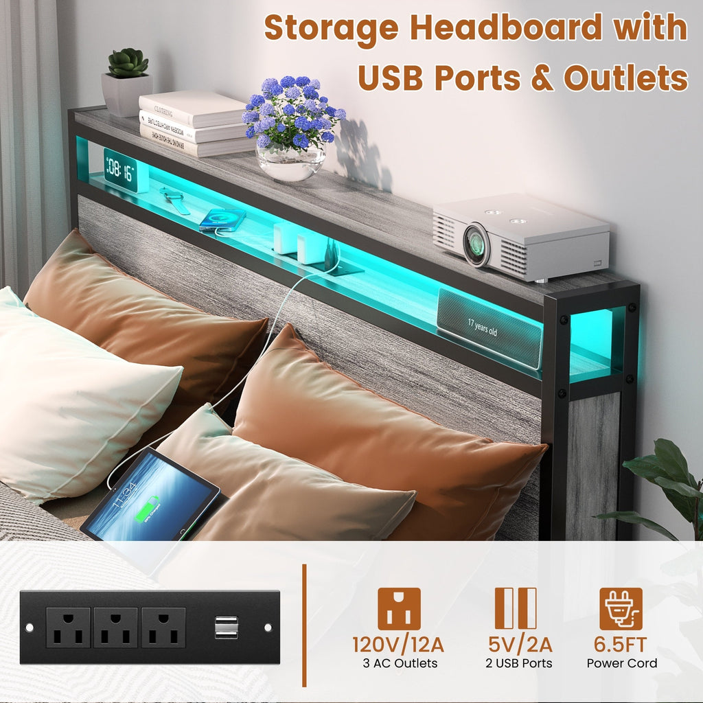 Cadre de lit plateforme en bois de style farmhouse avec station de recharge et lumières LED