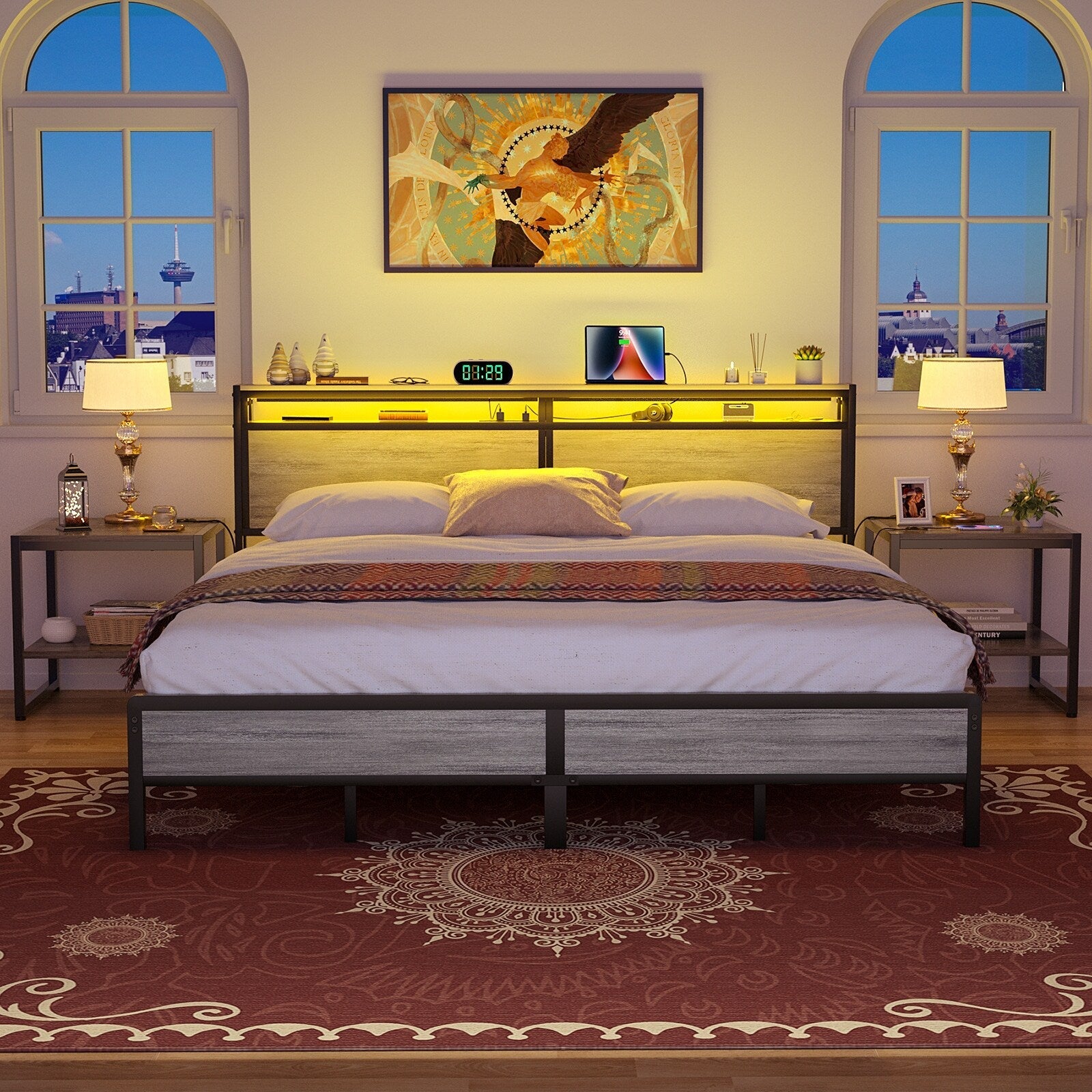 Cadre de lit plateforme en bois de style farmhouse avec station de recharge et lumières LED