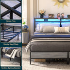 Cadre de lit plateforme en bois de style farmhouse avec station de recharge et lumières LED