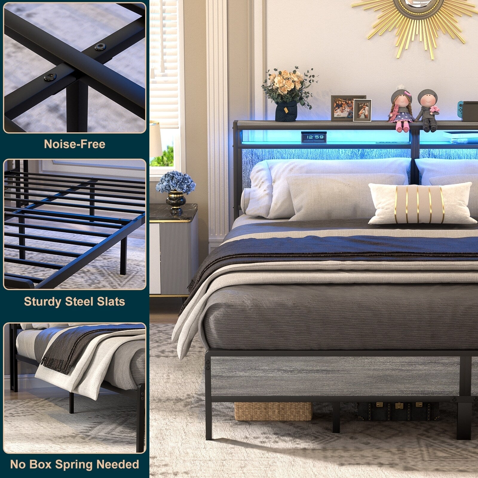 Cadre de lit plateforme en bois de style farmhouse avec station de recharge et lumières LED