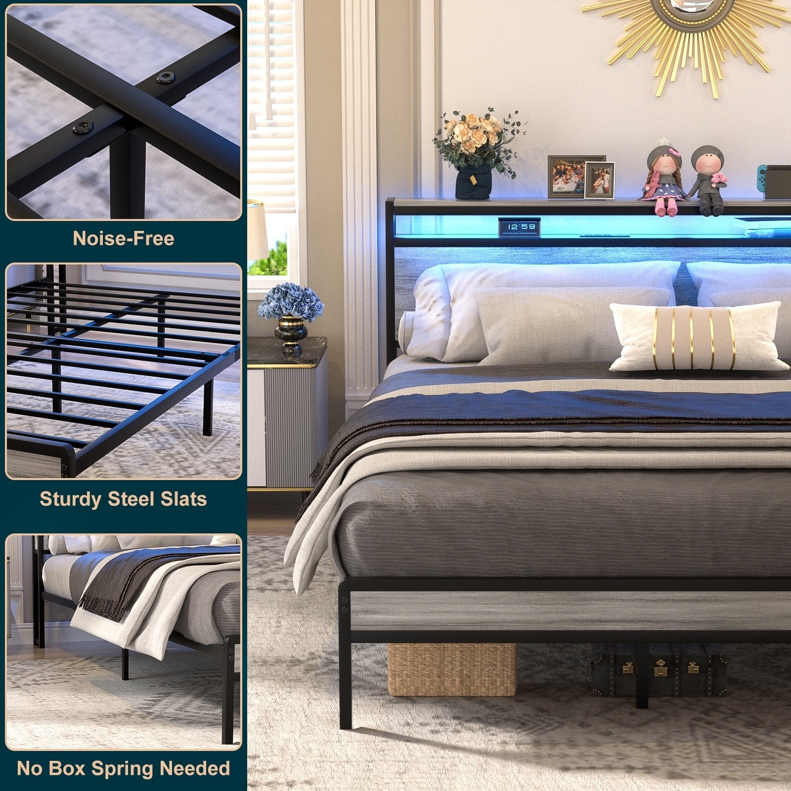 Cadre de lit plateforme en bois de style farmhouse avec station de recharge et lumières LED