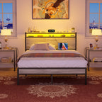 Cadre de lit plateforme en bois de style farmhouse avec station de recharge et lumières LED