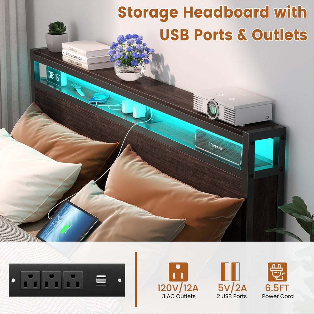 Cadre de lit plateforme en bois de style farmhouse avec station de recharge et lumières LED
