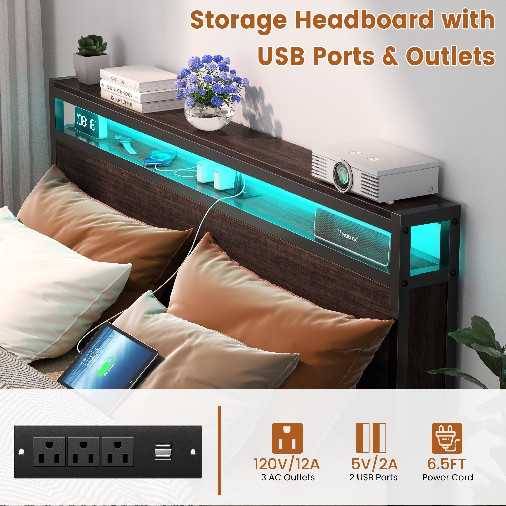 Cadre de lit plateforme en bois de style farmhouse avec station de recharge et lumières LED