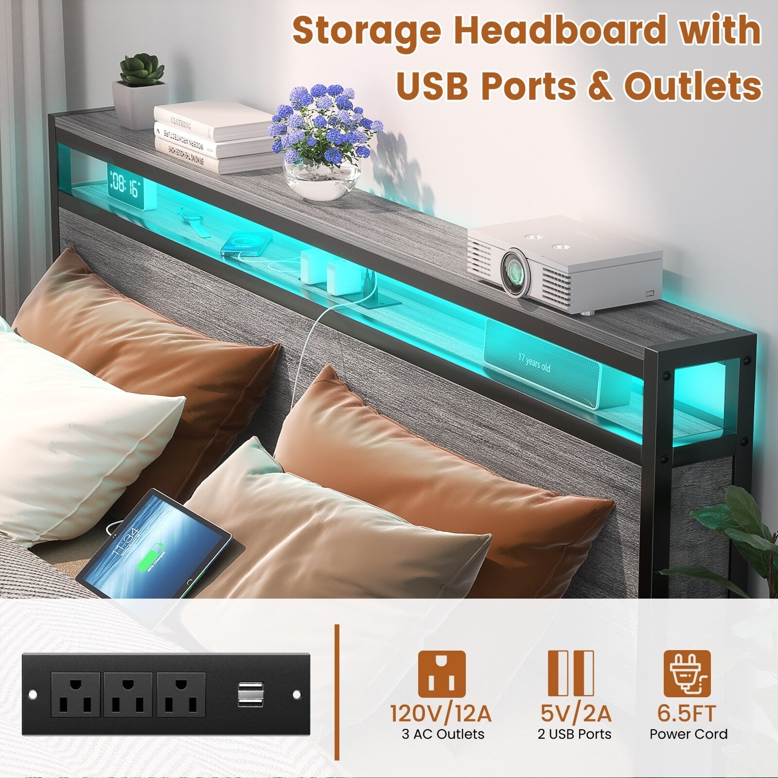 Cadre de lit plateforme en bois de style farmhouse avec station de recharge et lumières LED