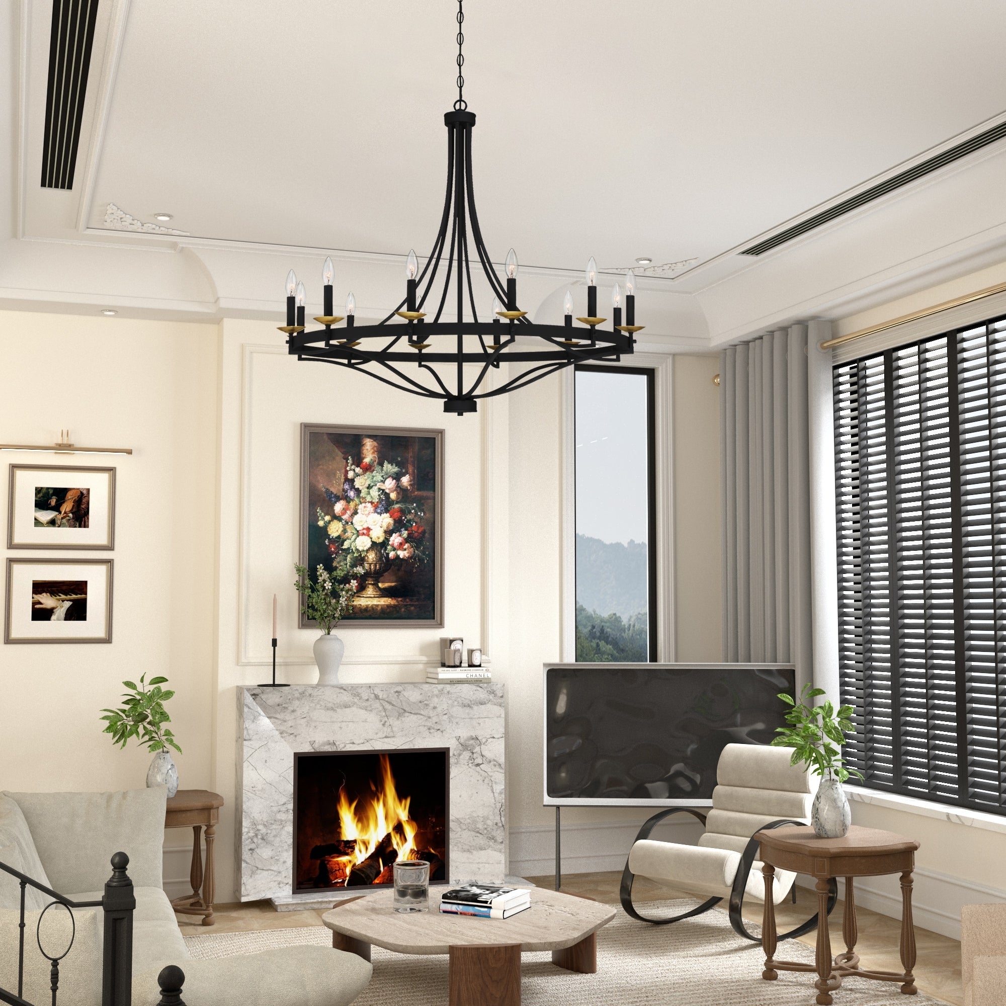 Luminaire à 12 lumières Fidenza, style ferme moderne, en forme de roue de chariot d'empire, avec certification UL - Diamètre 40'' * Hauteur 135''