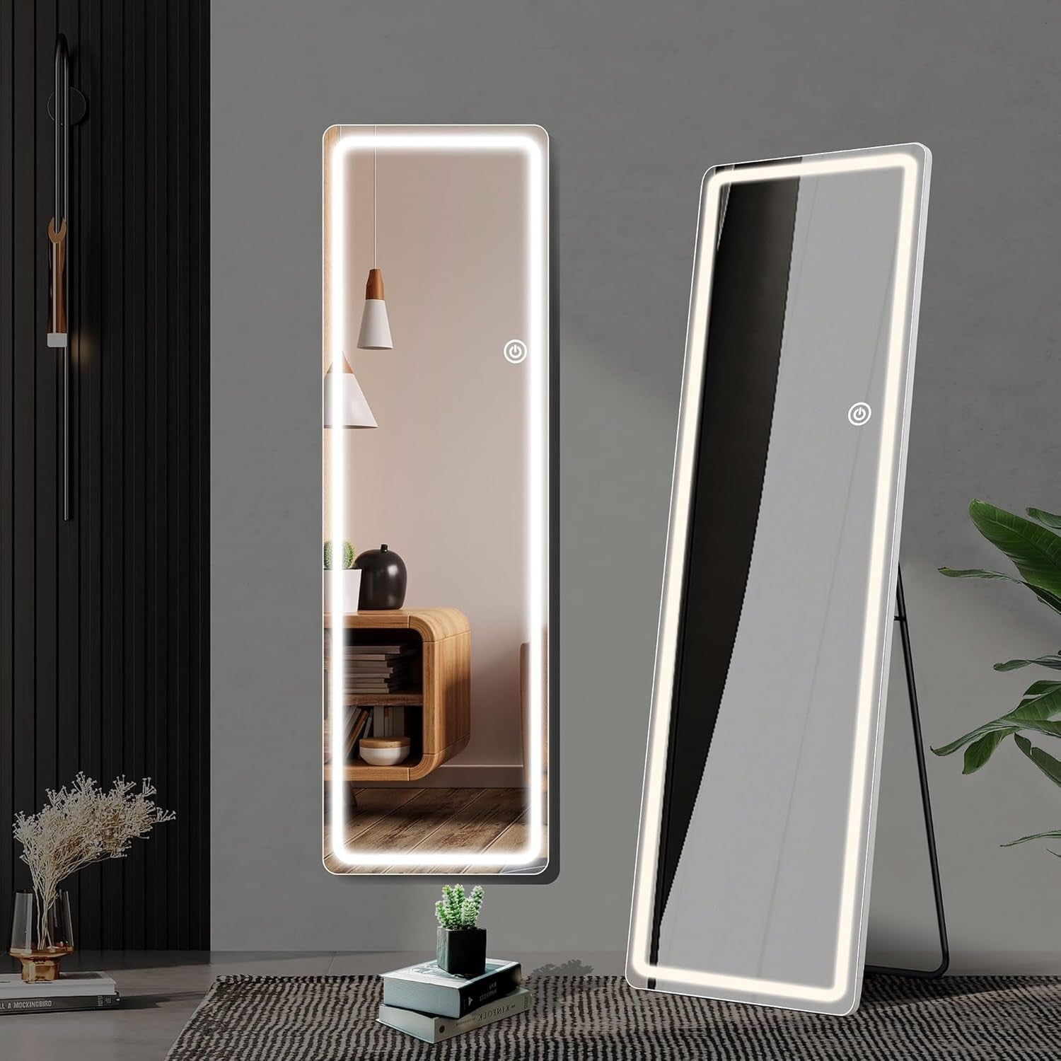 Grand miroir de sol avec éclairage LED, miroir pleine longueur 64 x 21 pouces avec support, miroir mural suspendu, miroir corps entier.