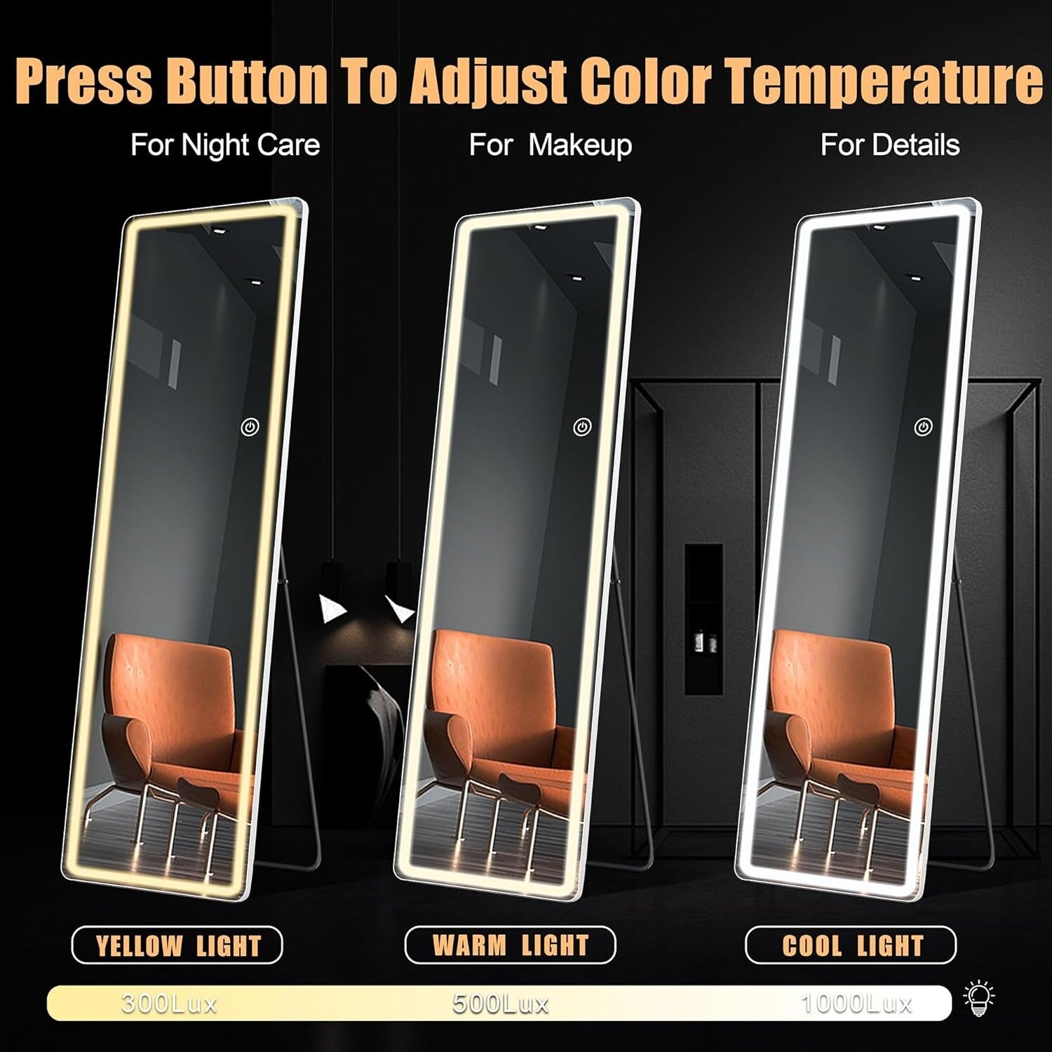 Grand miroir de sol avec éclairage LED, miroir pleine longueur 64 x 21 pouces avec support, miroir mural suspendu, miroir corps entier.