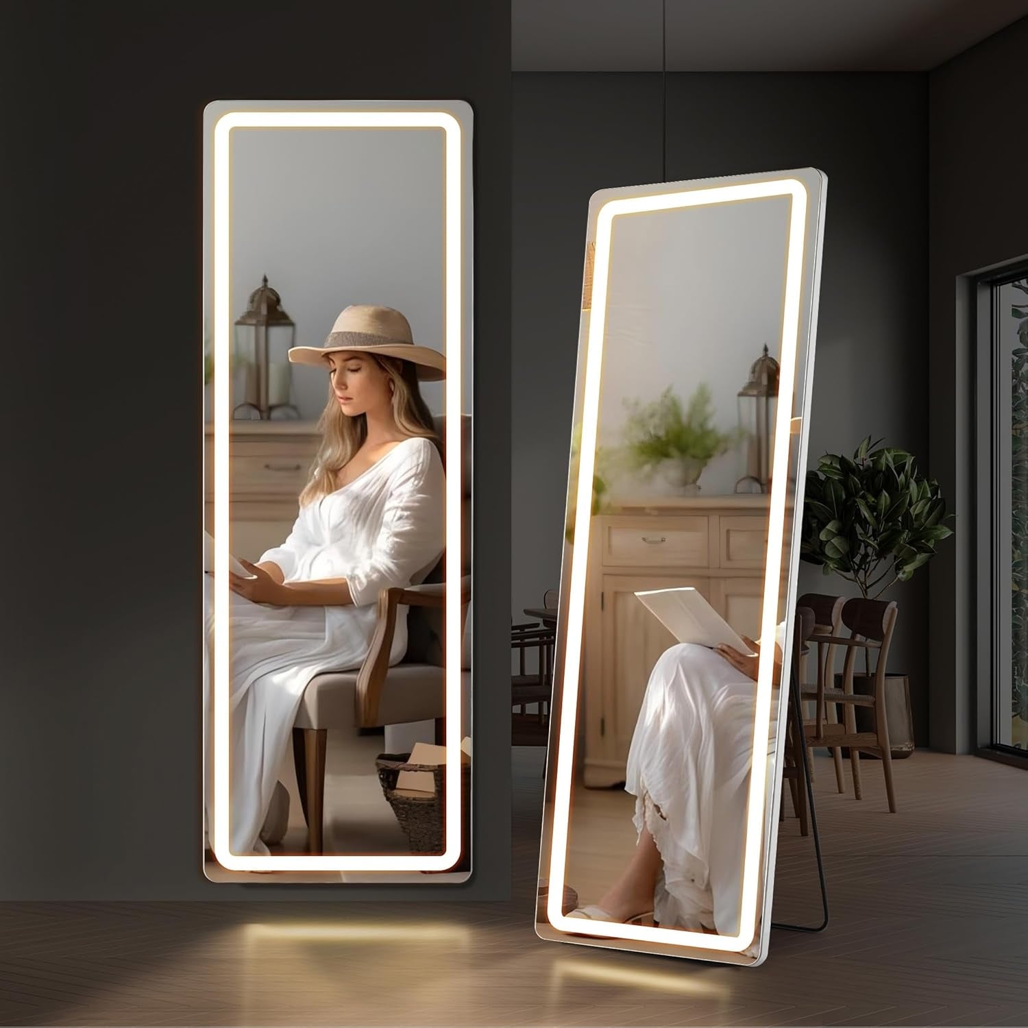 Grand miroir mural avec éclairage LED, miroir pleine longueur 64 x 21 pouces avec support, miroir suspendu, miroir mural, miroir pour corps entier.