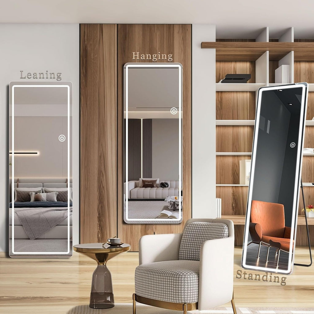 Grand miroir de sol avec éclairage LED, miroir pleine longueur 64 x 21 pouces avec support, miroir mural suspendu, miroir corps entier.