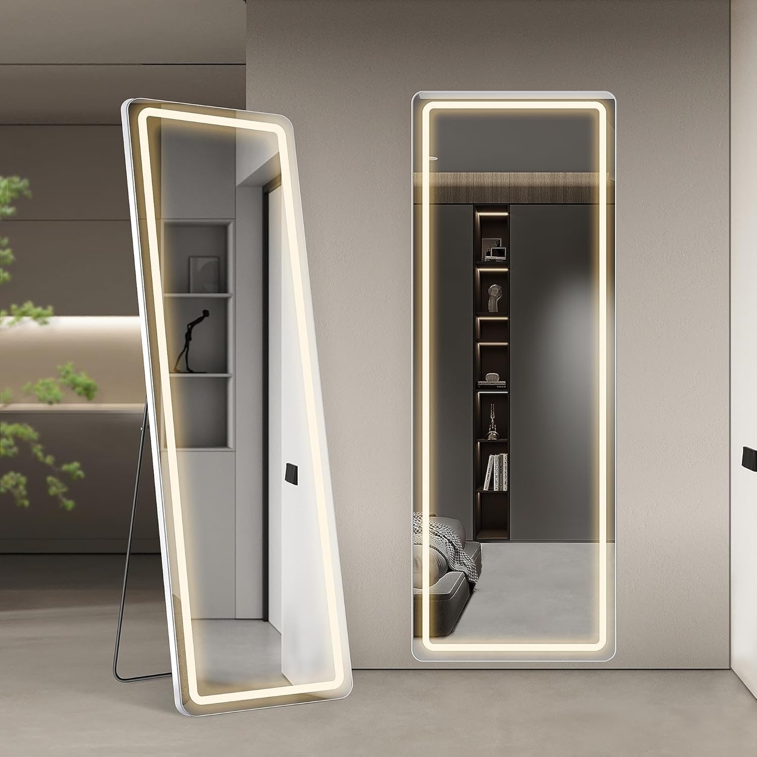 Grand miroir de sol avec éclairage LED, miroir pleine longueur 64 x 21 pouces avec support, miroir mural suspendu, miroir corps entier.