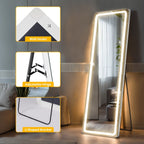 Grand miroir de sol avec éclairage LED, miroir pleine longueur 64 x 21 pouces avec support, miroir mural suspendu, miroir corps entier.