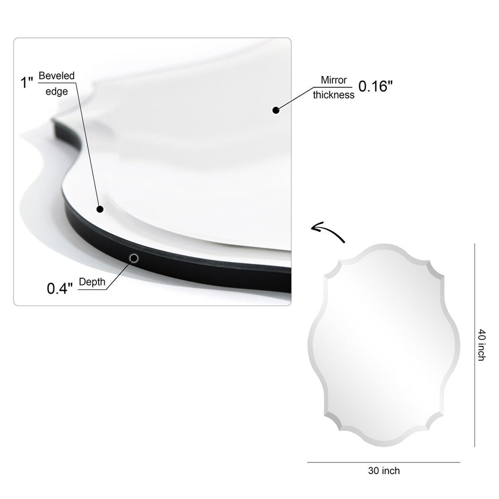 Miroir mural rectangulaire élégant à bords biseautés et festonnés, sans cadre.