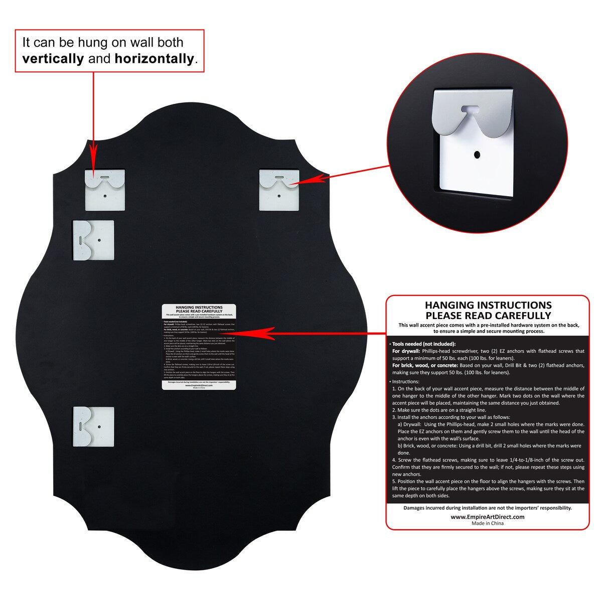 Miroir mural rectangulaire élégant à bords biseautés et festonnés, sans cadre.