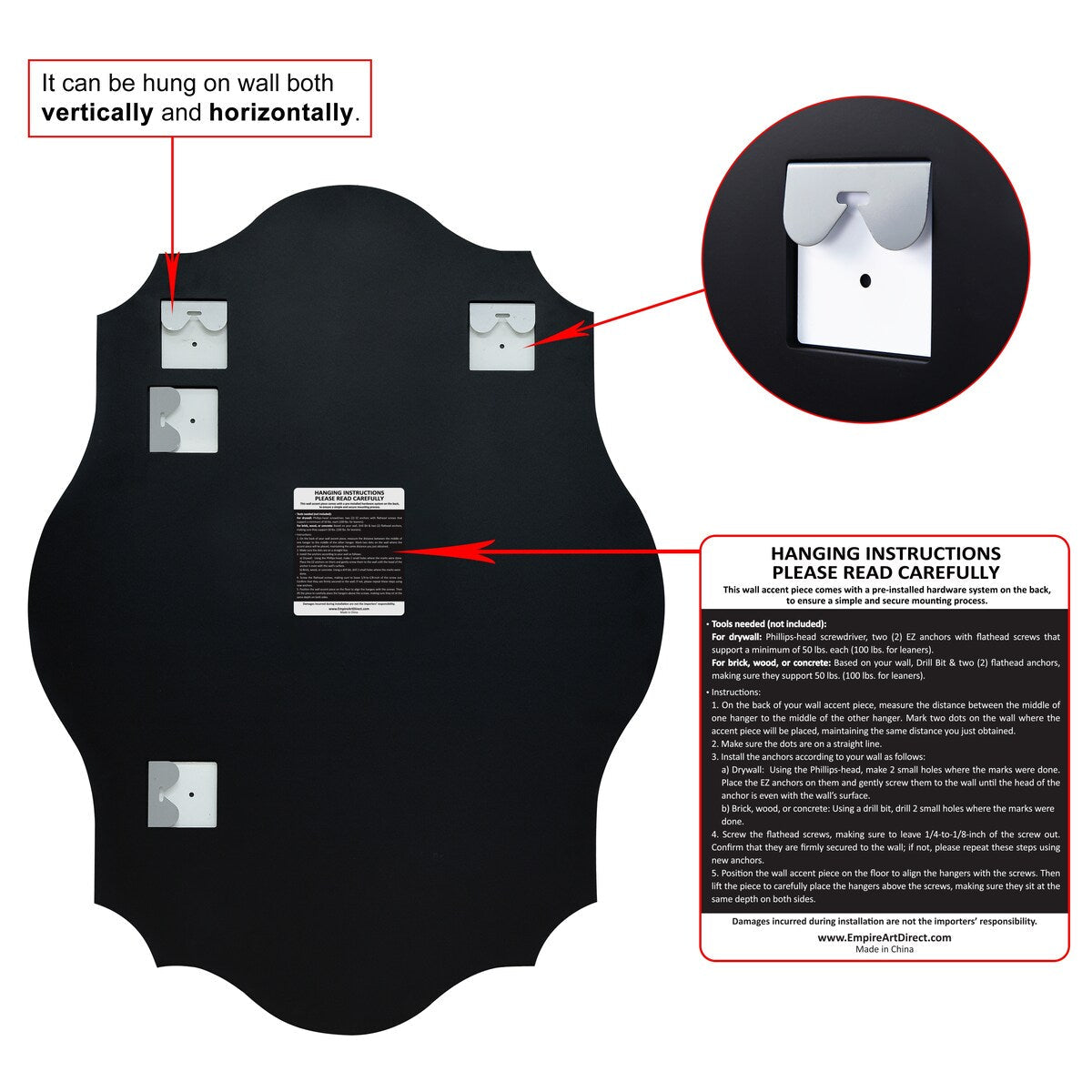 Miroir mural rectangulaire élégant à bords biseautés et festonnés, sans cadre.