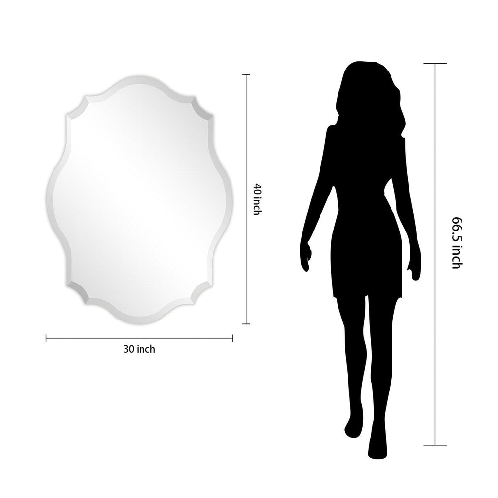 Miroir mural rectangulaire élégant à bords biseautés et festonnés, sans cadre.