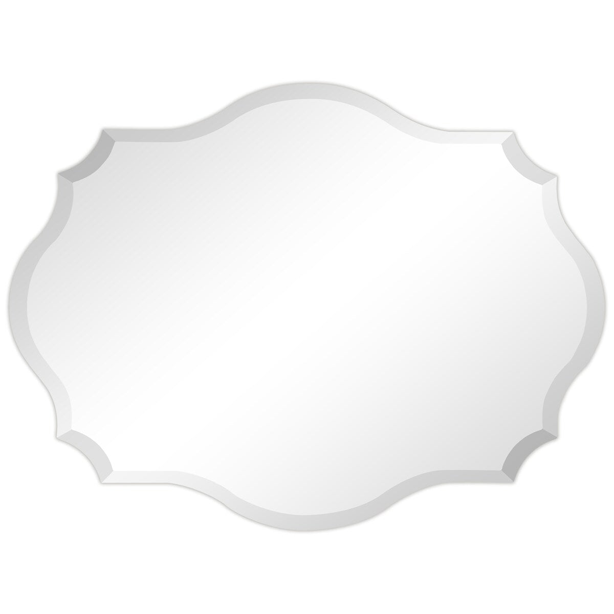 Miroir mural rectangulaire élégant à bords biseautés et festonnés, sans cadre.